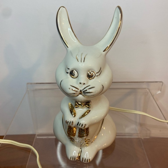 Vintage MCM Porcelain Bunny Rabbit w/ BowTie Children’s Night Light, White/Gold - Picture 2 of 9